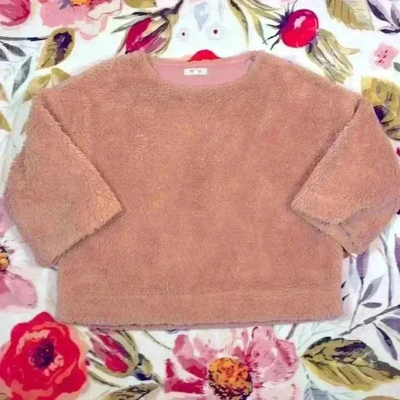Madewell Teddy Bear Sherpa crewneck coral/pink cropped sleeves size medium - Picture 1 of 10